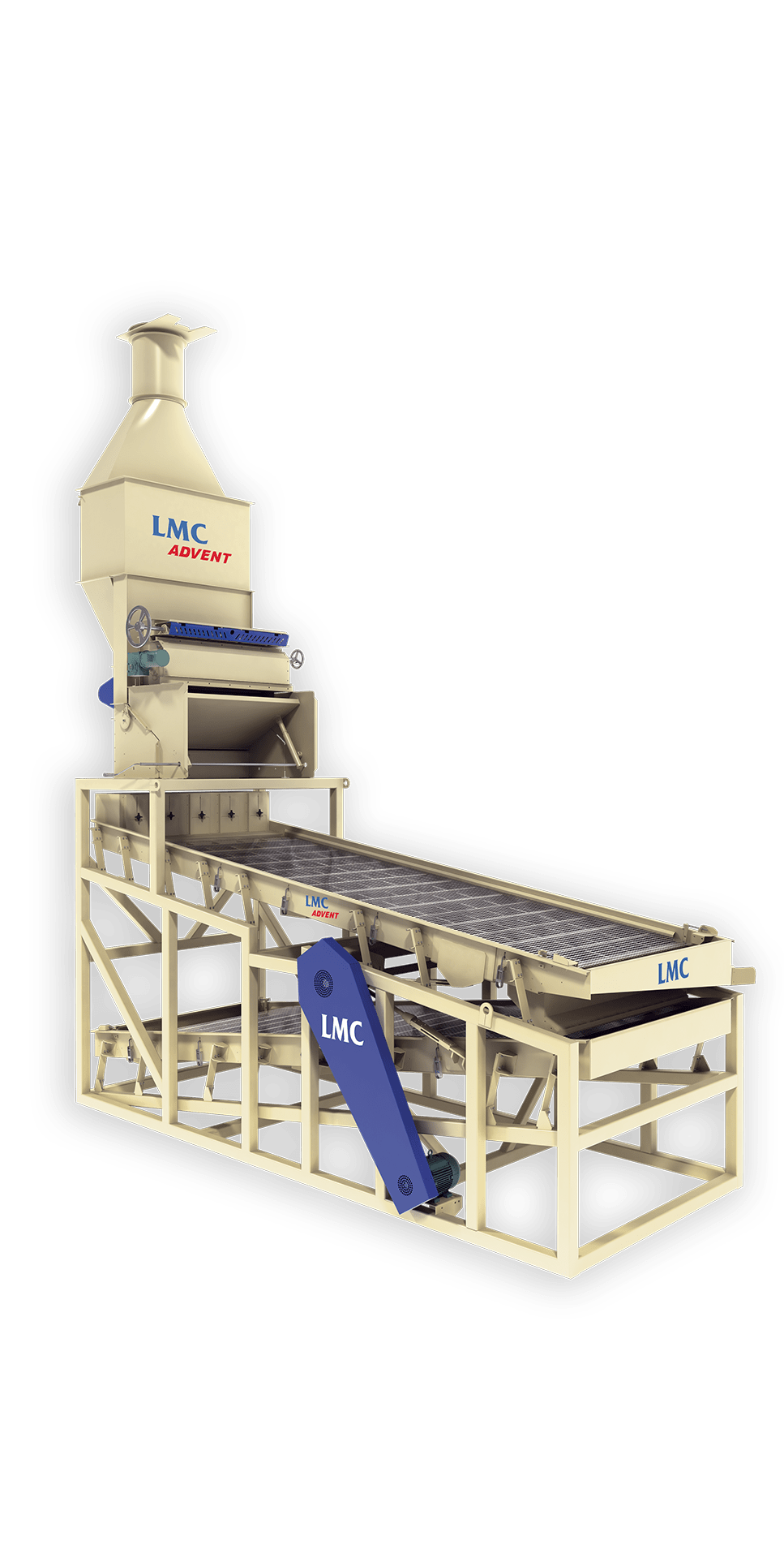 LMC Advent Precision Cleaner — industrial air and screen seed cleaner with aspirator-first design, wide deck construction, and variable speed roll feeder, supplied by Vistasort Canada