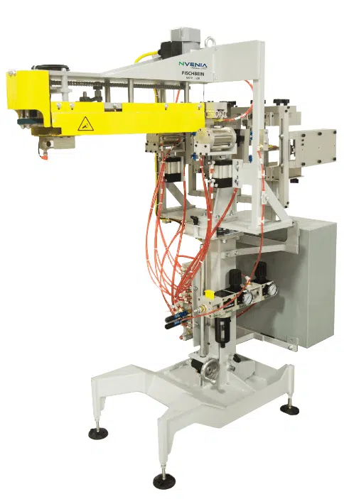 3920-DT dual tag placer — automated dual-position bag tag application system for bag closing lines, Vistasort