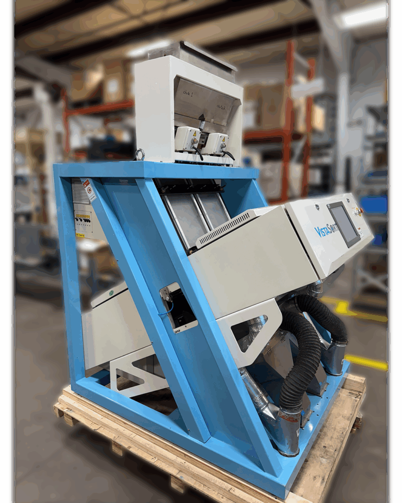 Angled front view of VistaSort 2-Chute Color Sorter with display screen and ejector hoses.