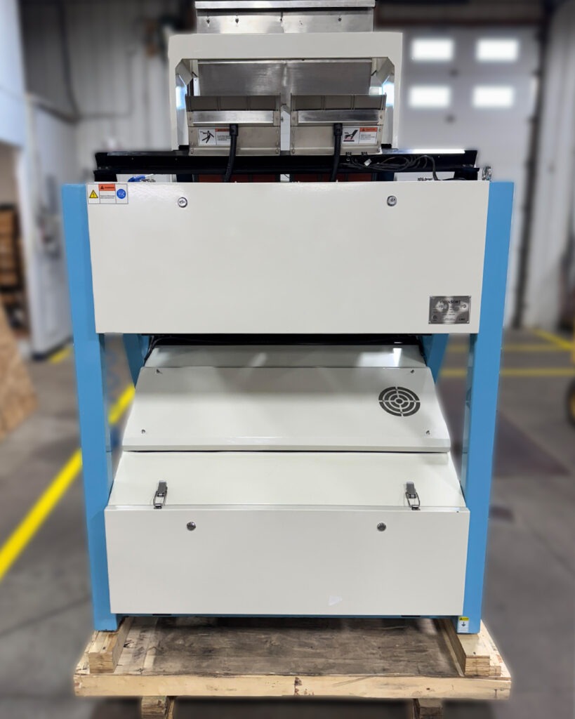 Rear view of VistaSort 2-Chute Color Sorter showing dual chute system.