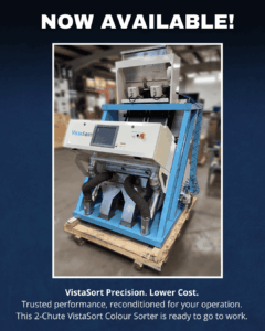 A reconditioned VistaSort 2-Chute Colour Sorter available for purchase, designed for precision seed, grain, and pulse sorting with affordable reliability.