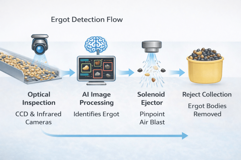 Diagram showing optical color sorting ergot detection flow from camera imaging to AI processing, ejector activation, and reject chute separation in Canadian grain processing