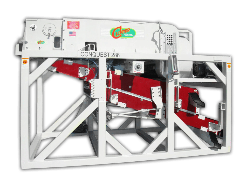 Clipper Conquest 286 high-capacity two-screen pre-cleaner — showing top scalp and bottom sift shoe assemblies