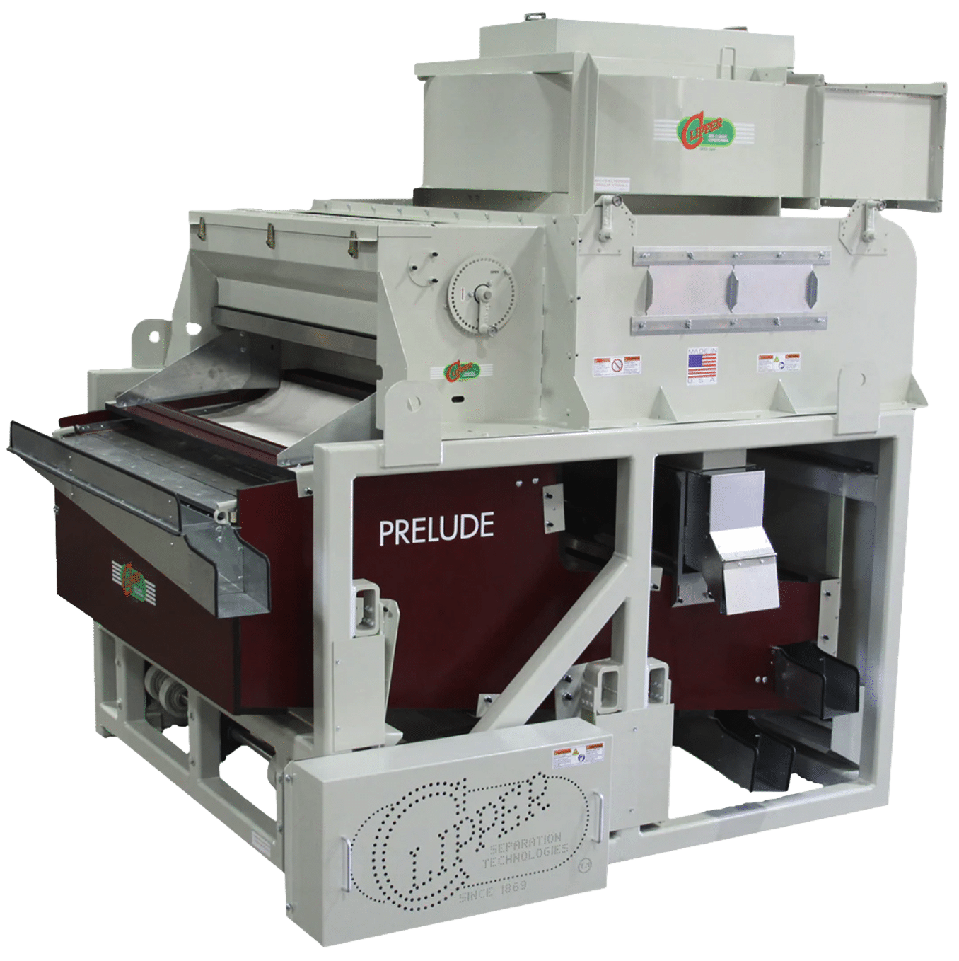 Clipper Prelude 526 single-shoe mid-size air and screen seed cleaner — 54-inch wide screens with reverse-incline fan