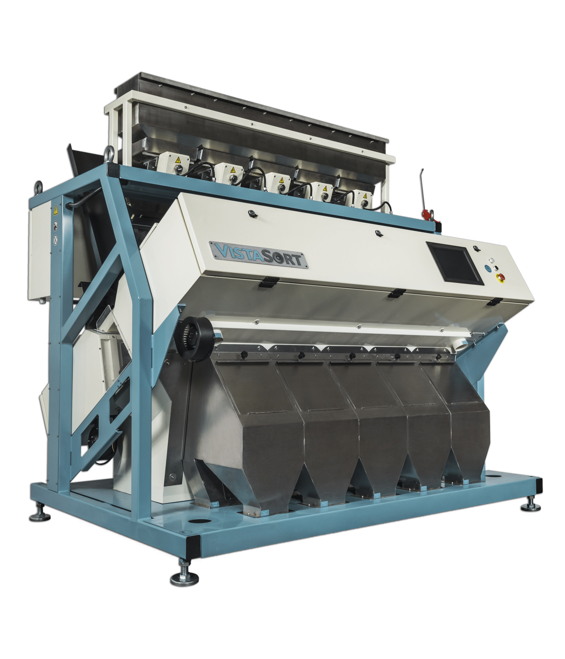 VistaSort 5-Chute Optical Color Sorter — developed and manufactured by Vistasort, 150+ installed across Canada and the US