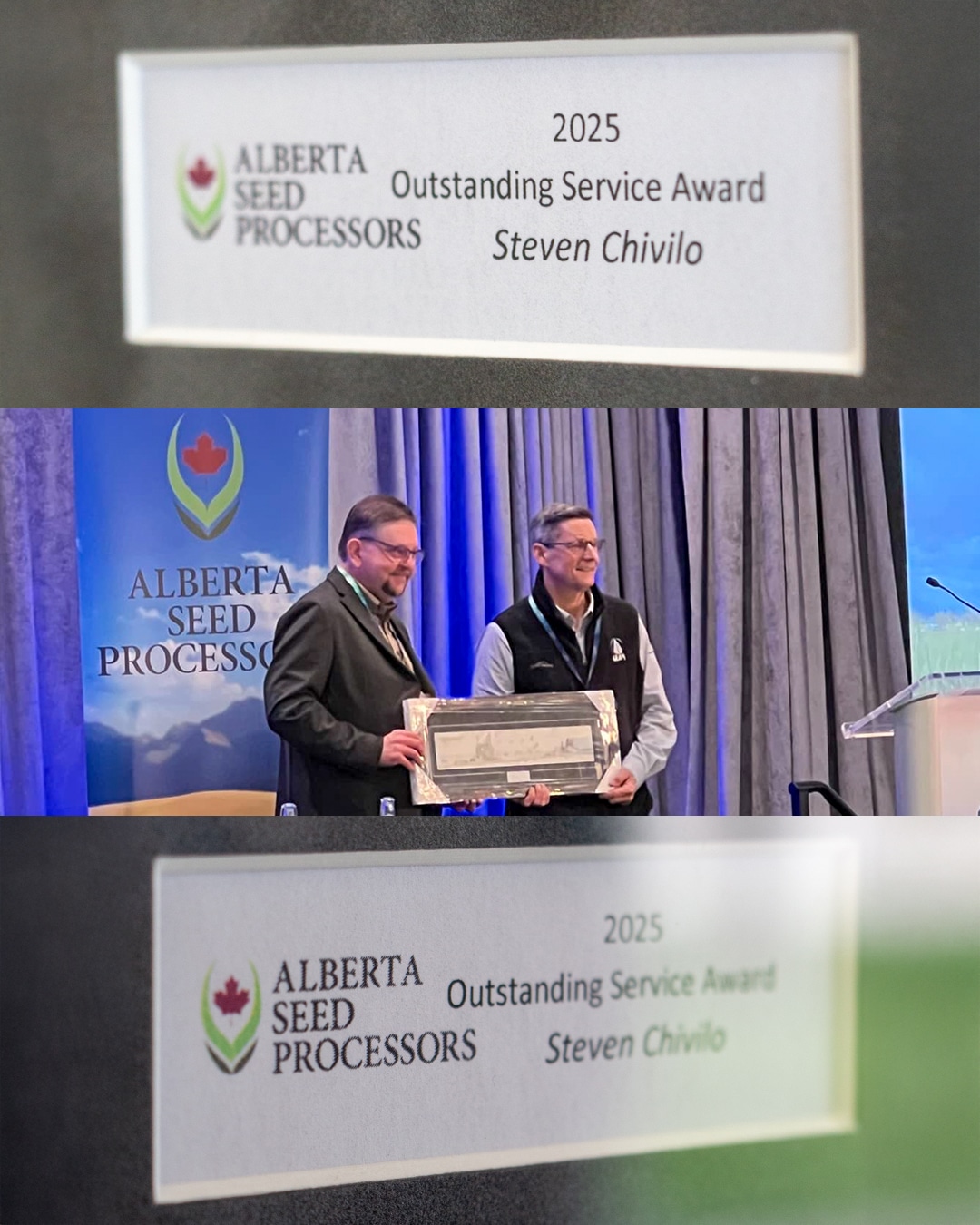 Vistasort — Steven Chivilo receiving the Alberta Seed Processors 2025 Outstanding Service Award, presented by Greg Andrews, GM of Three Hills & District Seed Cleaning Plant
