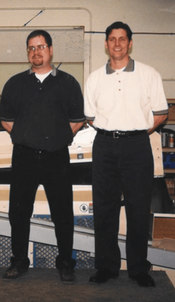 Vistasort — Chris Hammel and Steven Chivilo at the Vistasort shop in Saskatoon, Saskatchewan, 1986