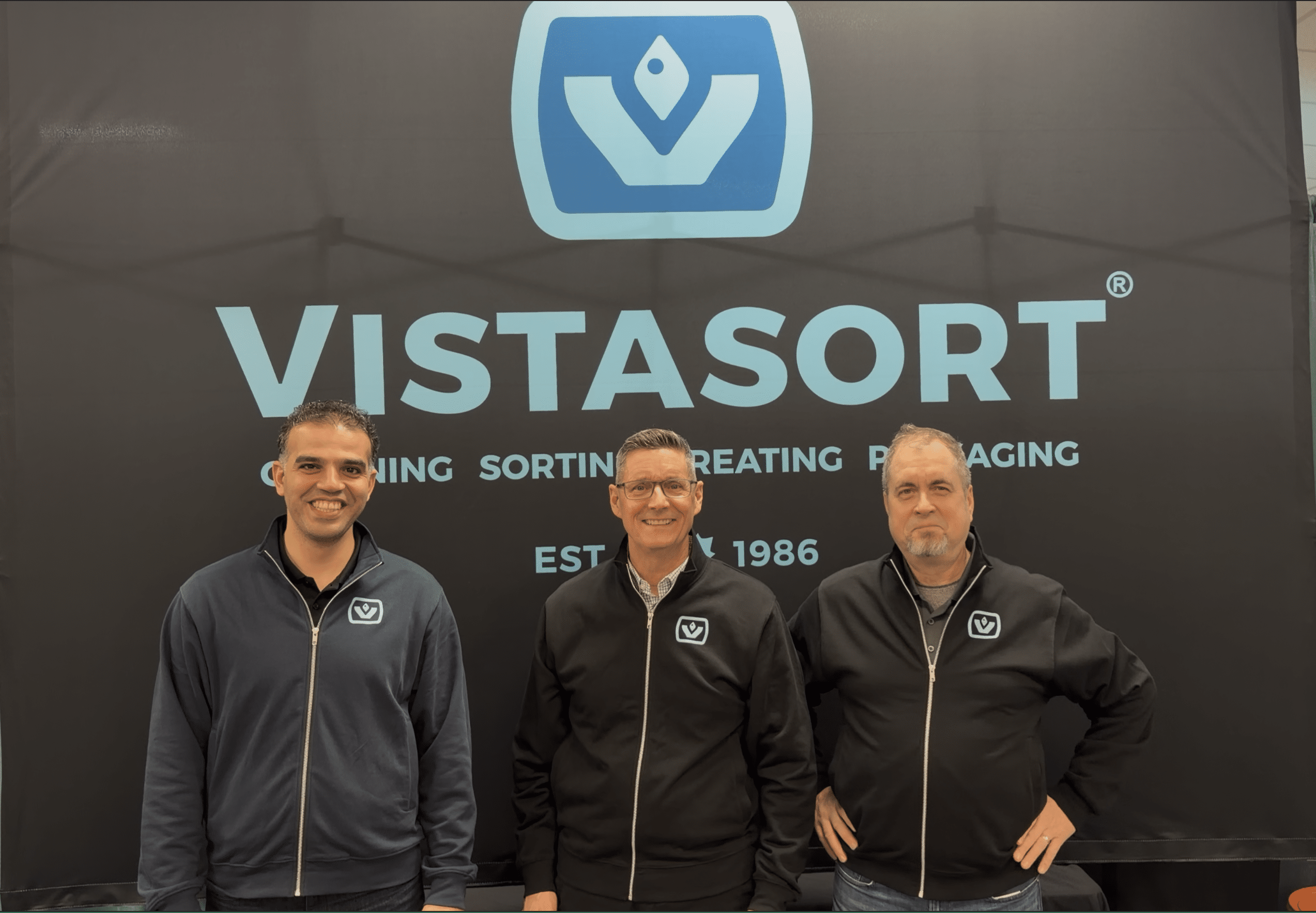 Vistasort — Hamid, Steven Chivilo, and Chris Hammel at the Crop Production Show in Saskatoon, 2026