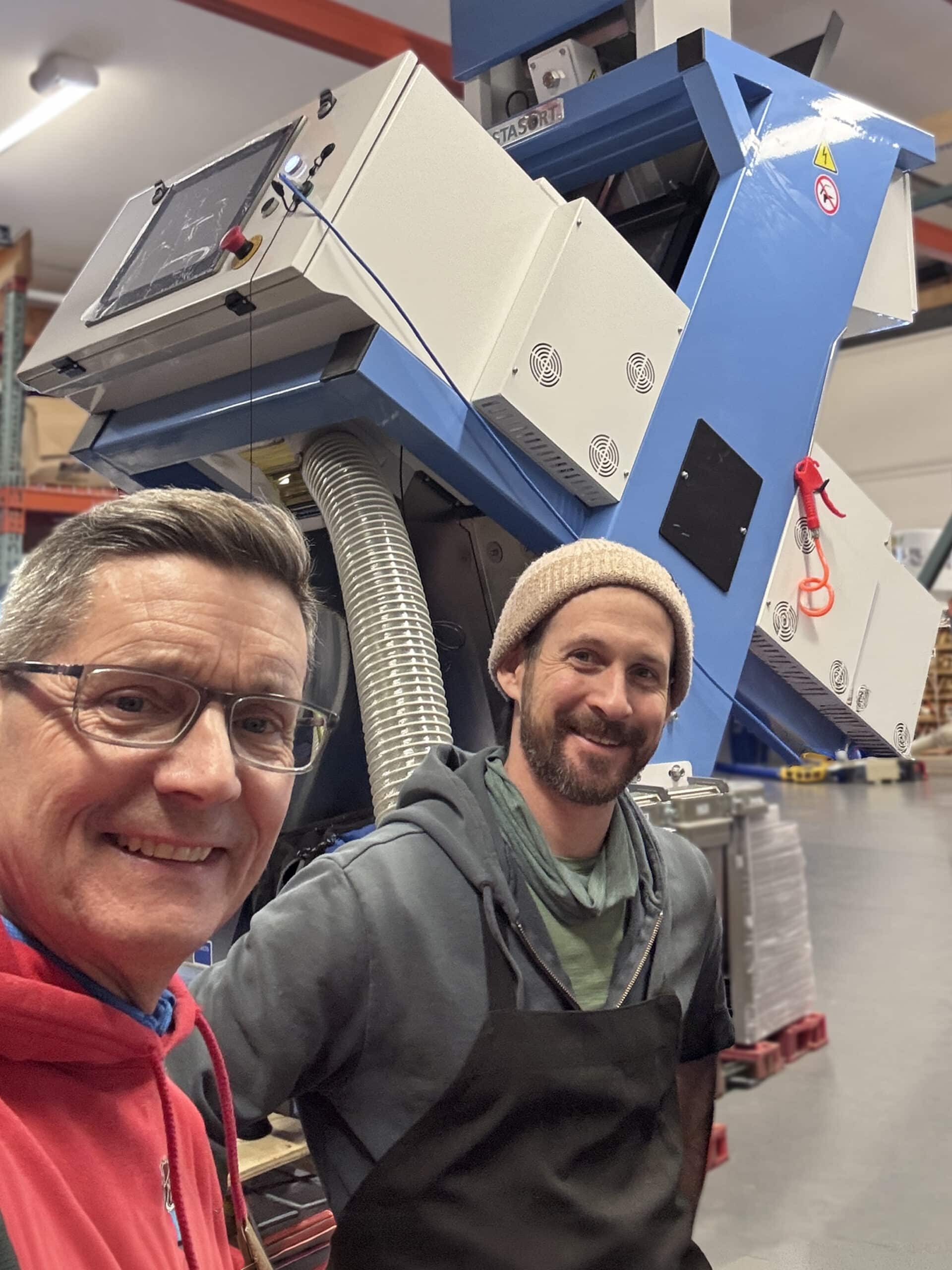 Vistasort — Steven Chivilo and Joseph of Vermont Bean Crafters with a newly installed Vistasort 2-chute optical color sorter