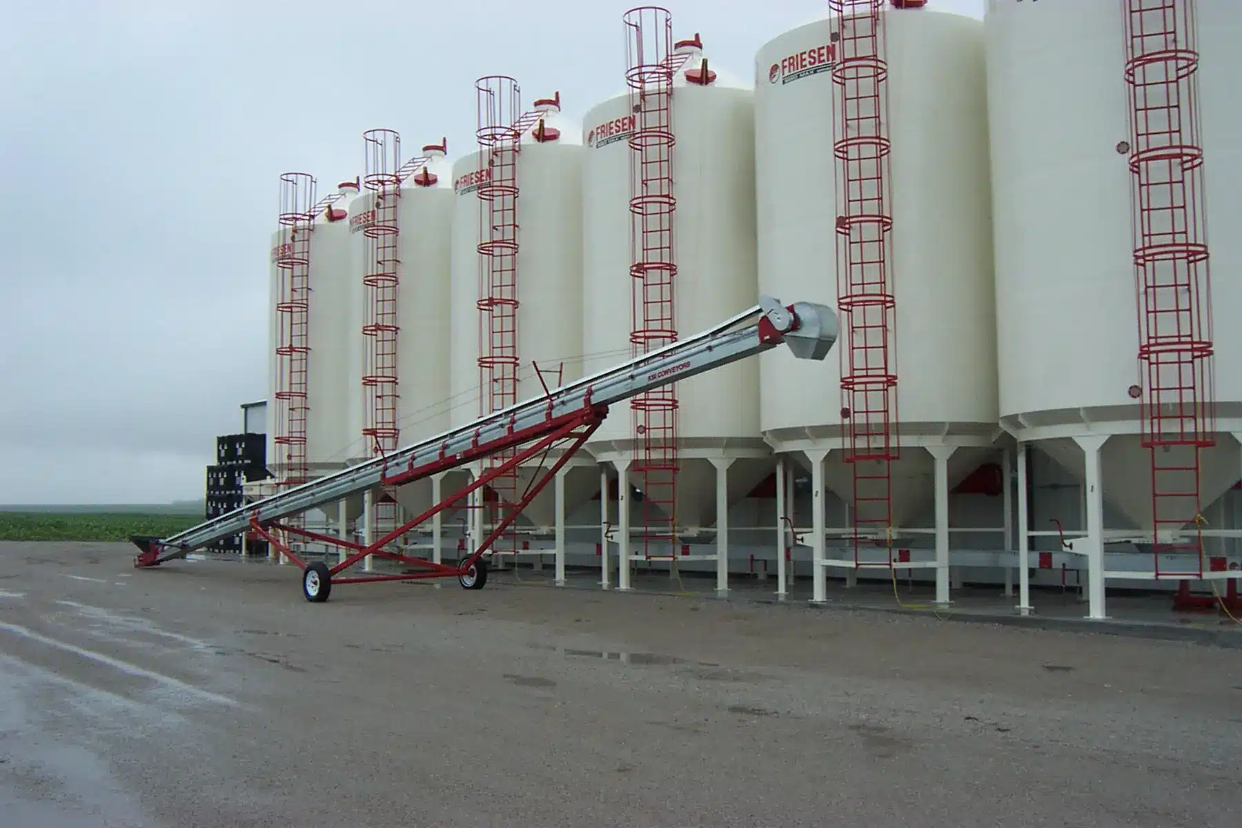 KSi Model 1208/1610 seed and bin fill conveyor loading grain into a row of storage bins at a commercial facility