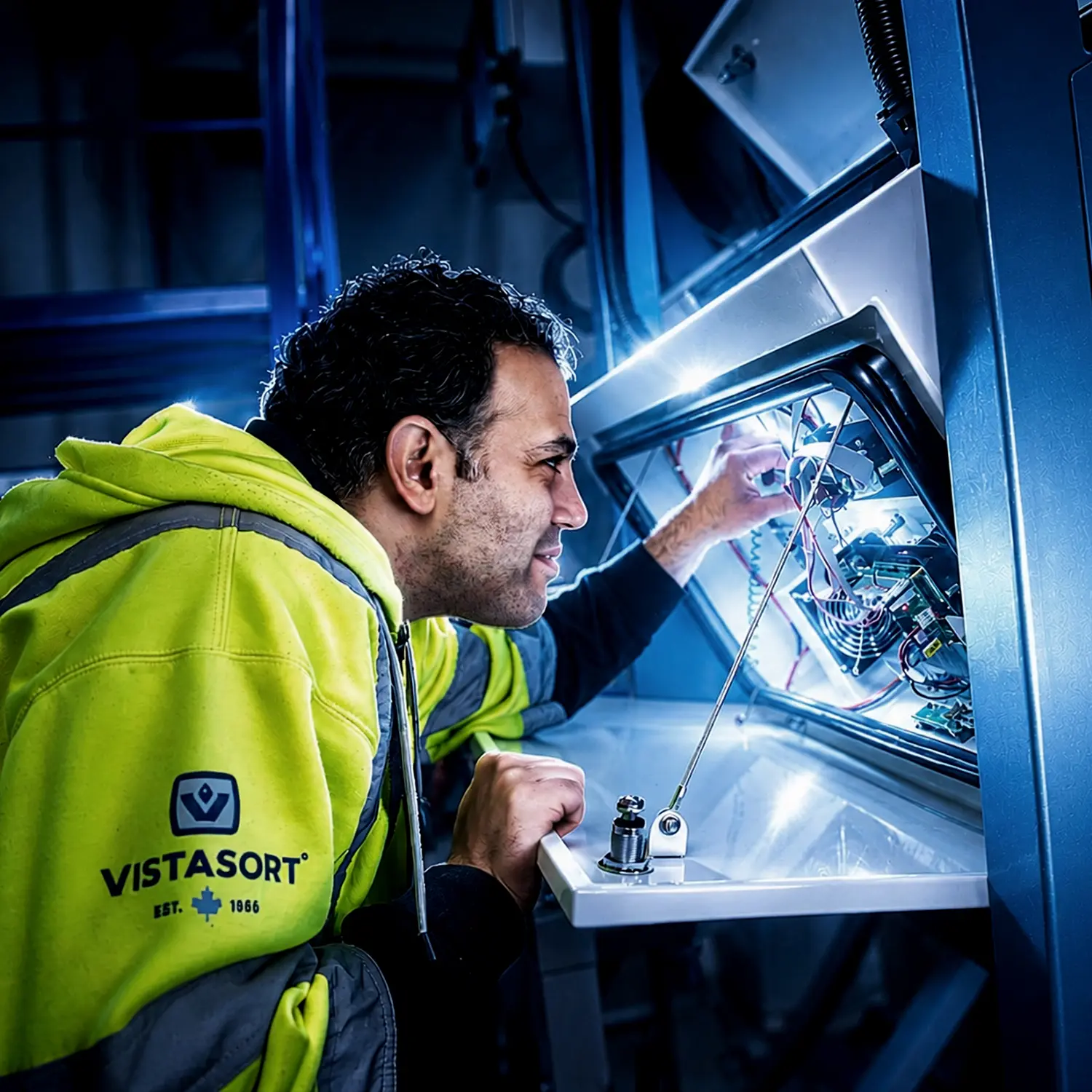 Hamid, VistaSort technician, calibrating an optical color sorter