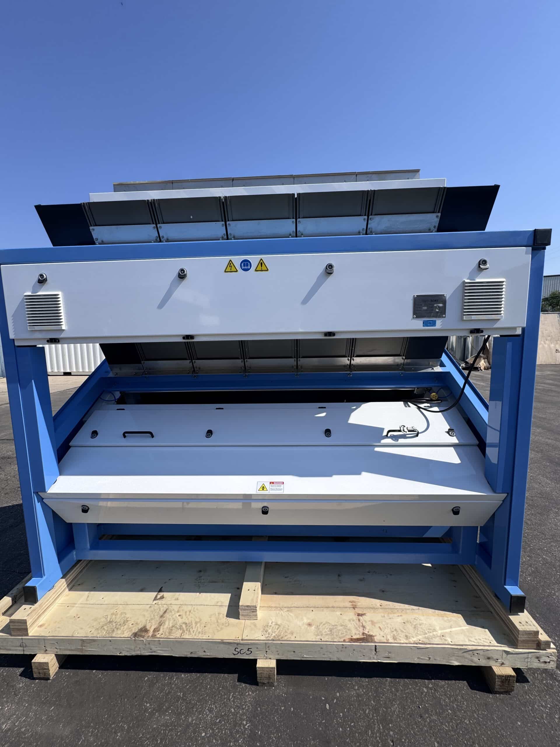 Back of the 2020 VistaSort 5 chute color sorter showing the infeed hoppers and service panels
